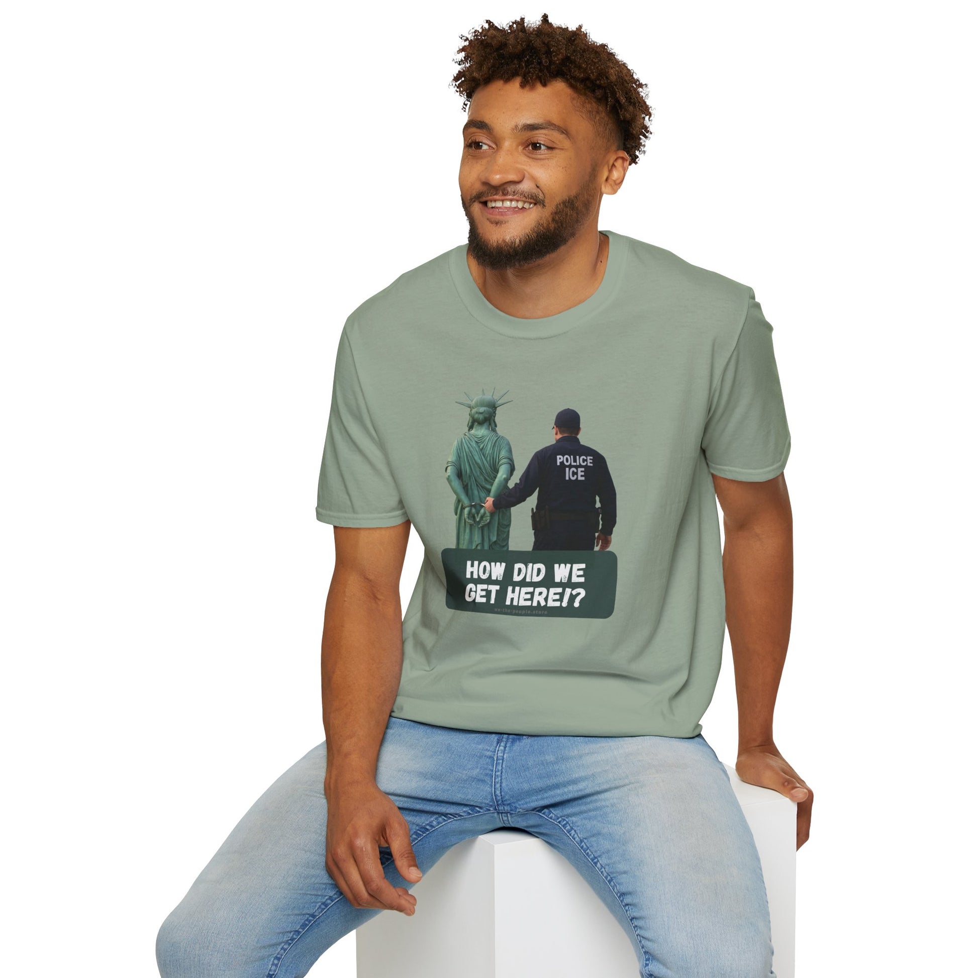 Statue of Liberty Cuffed by ICE police, Protest Statement T-Shirt - Pro Democracy, Unisex Tee, Activism Apparel, US Political Satire.