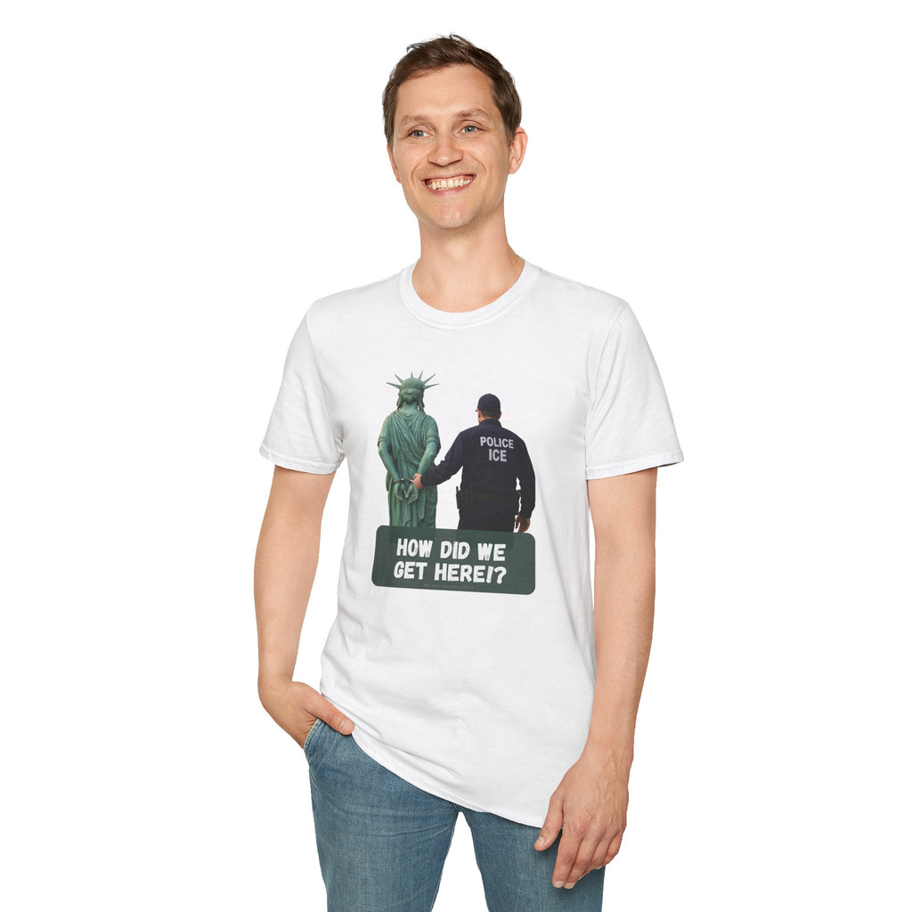 Statue of Liberty Cuffed by ICE police, Protest Statement T-Shirt - Pro Democracy, Unisex Tee, Activism Apparel, US Political Satire.
