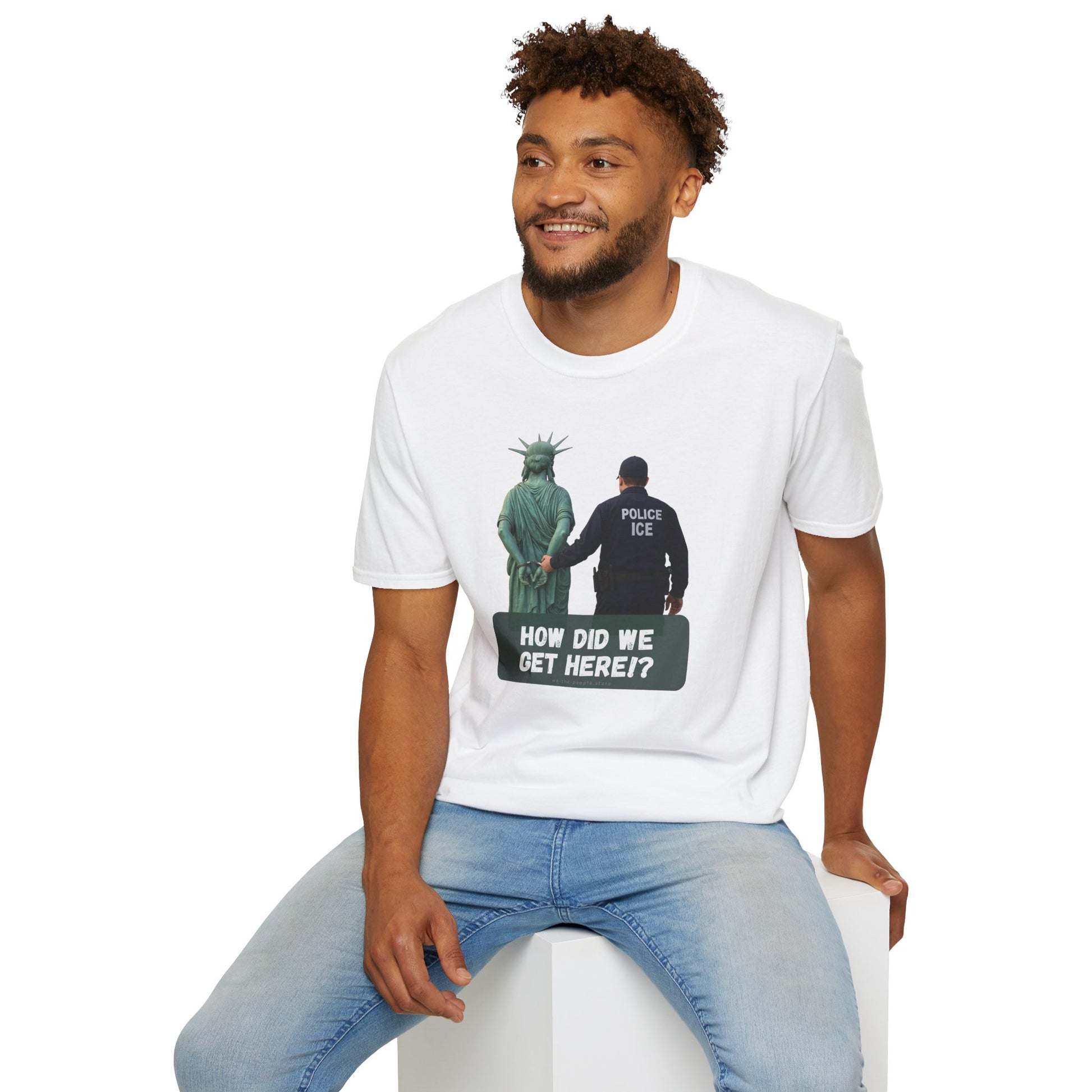 Statue of Liberty Cuffed by ICE police, Protest Statement T-Shirt - Pro Democracy, Unisex Tee, Activism Apparel, US Political Satire.