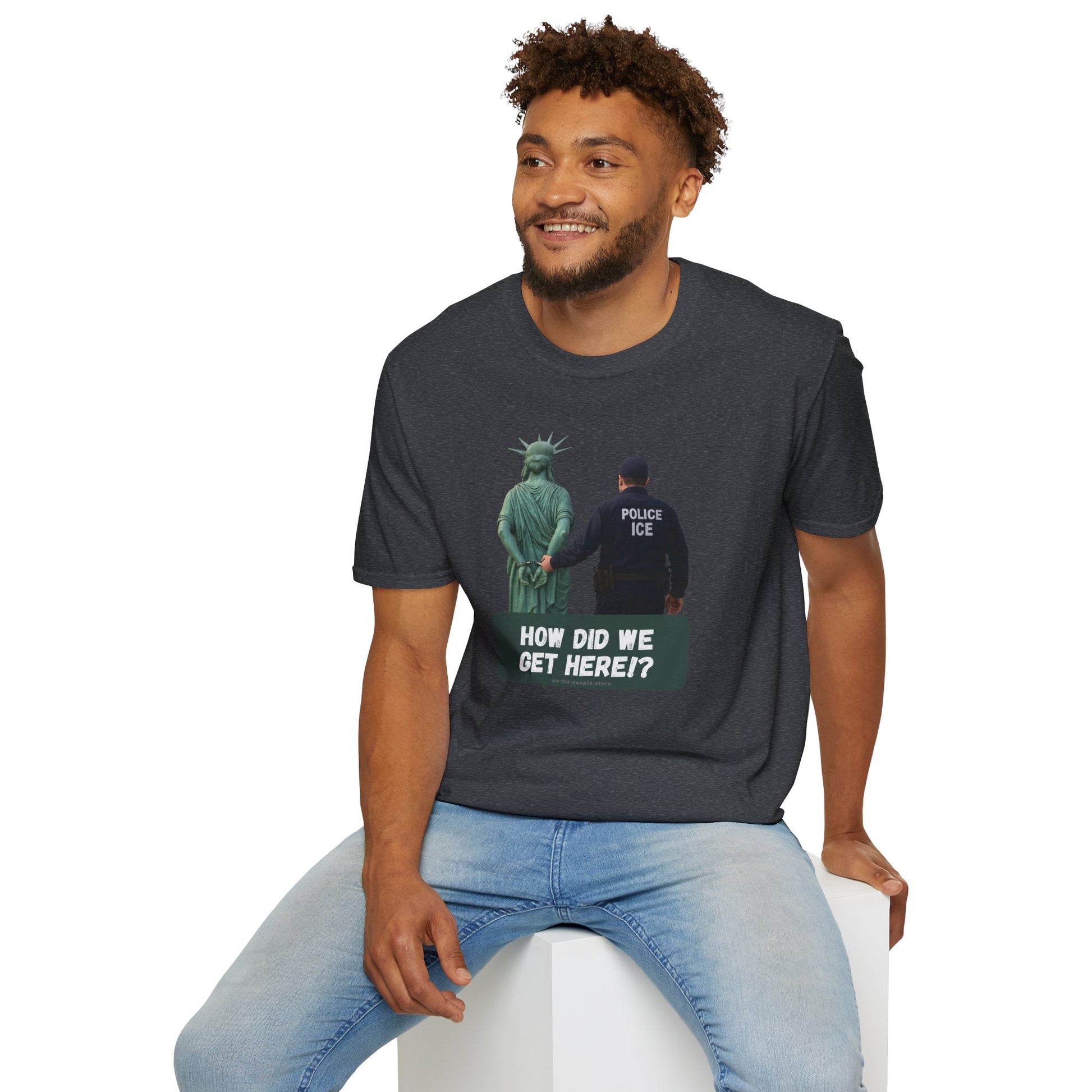 Statue of Liberty Cuffed by ICE police, Protest Statement T-Shirt - Pro Democracy, Unisex Tee, Activism Apparel, US Political Satire.