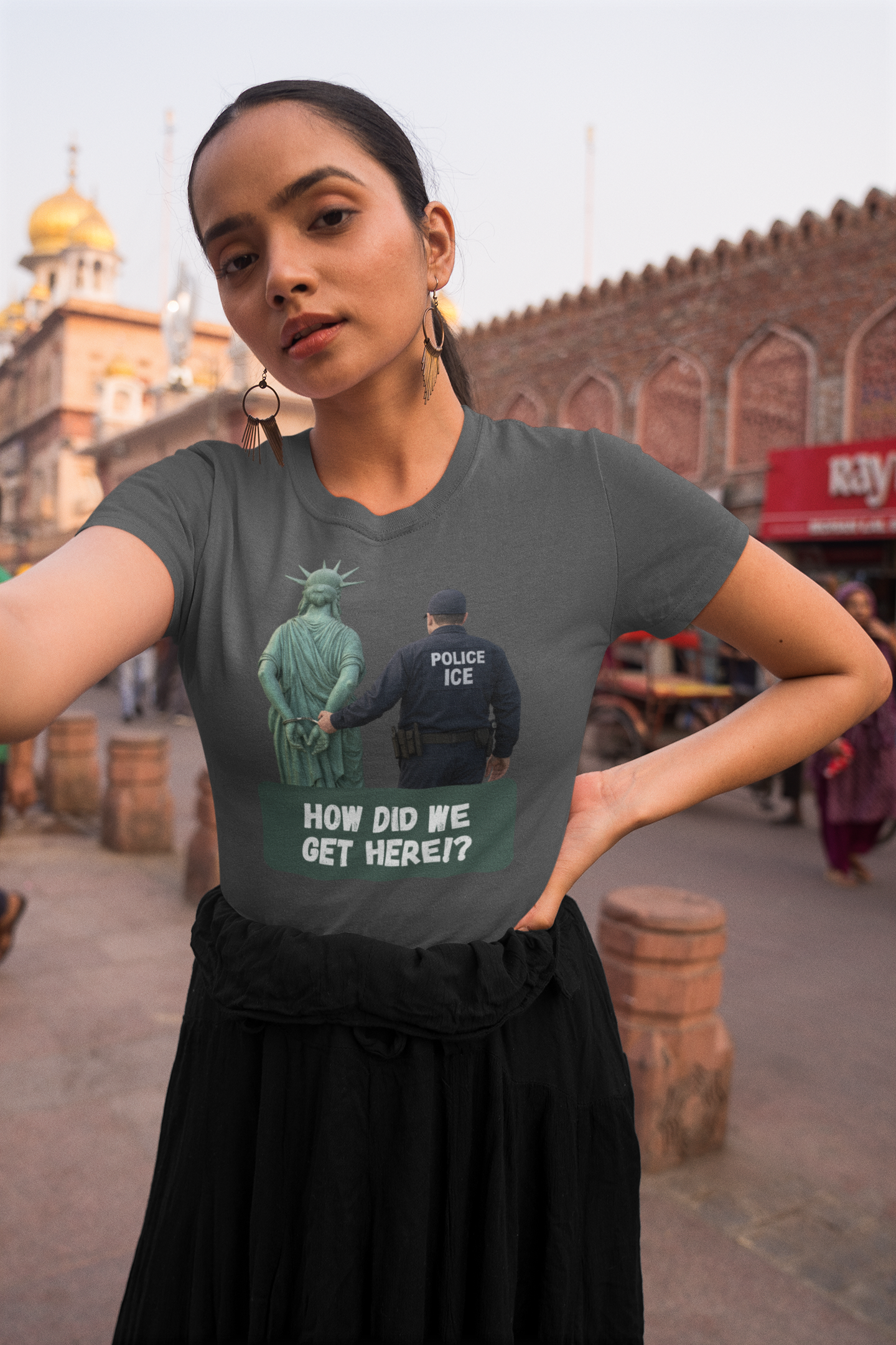 Statue of Liberty Cuffed by ICE police, Protest Statement T-Shirt - Pro Democracy, Unisex Tee, Activism Apparel, US Political Satire.