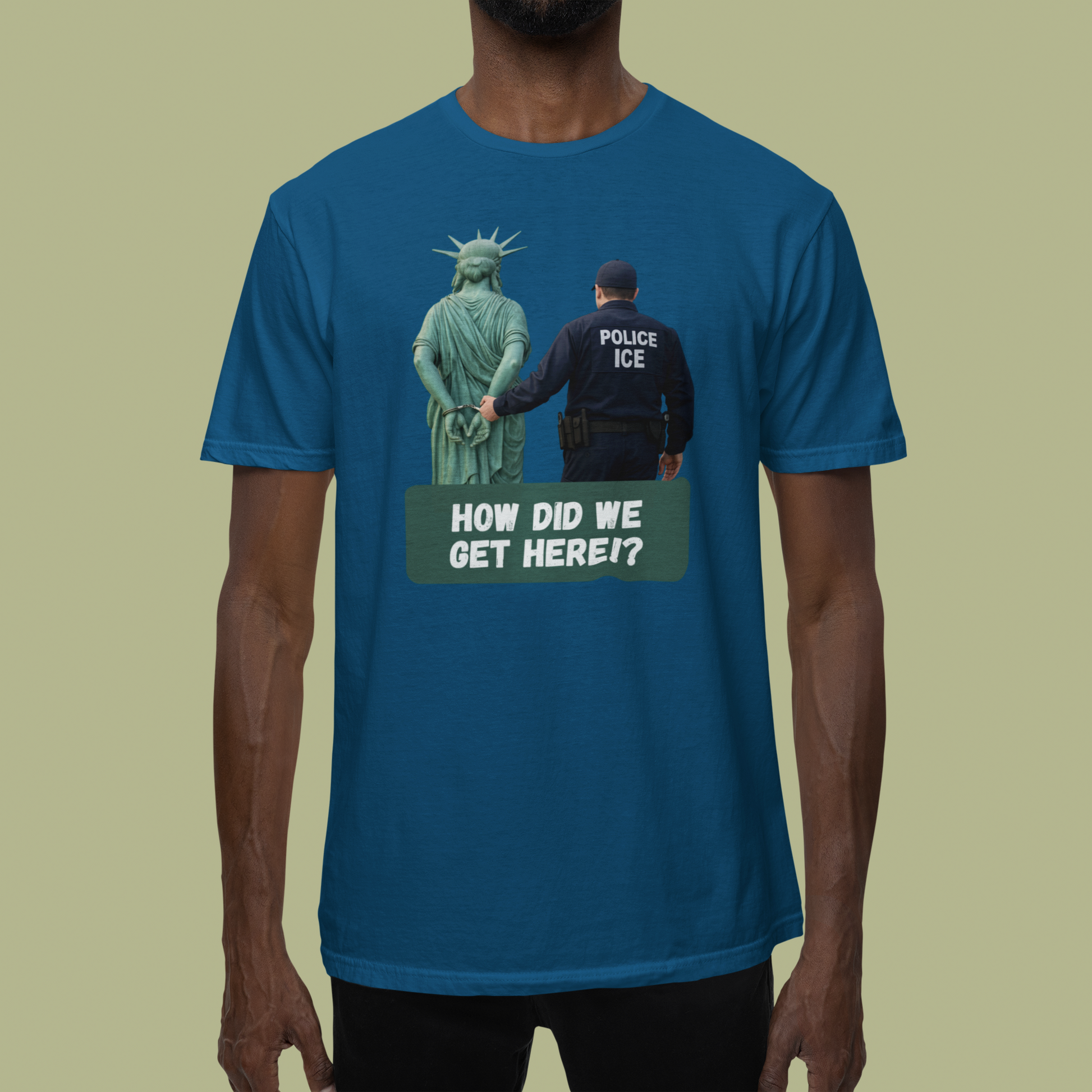 Statue of Liberty Cuffed by ICE police, Protest Statement T-Shirt - Pro Democracy, Unisex Tee, Activism Apparel, US Political Satire.