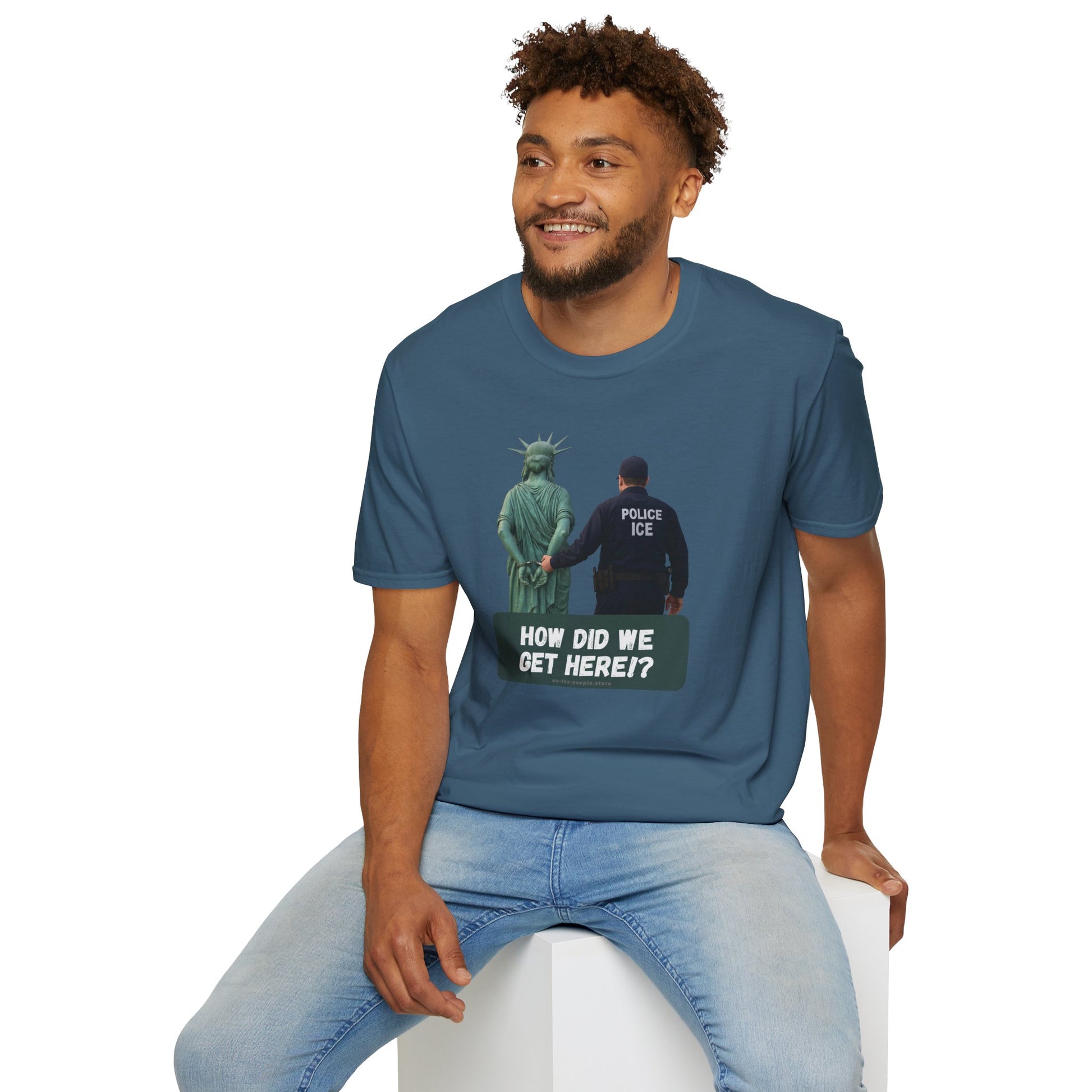 Statue of Liberty Cuffed by ICE police, Protest Statement T-Shirt - Pro Democracy, Unisex Tee, Activism Apparel, US Political Satire.