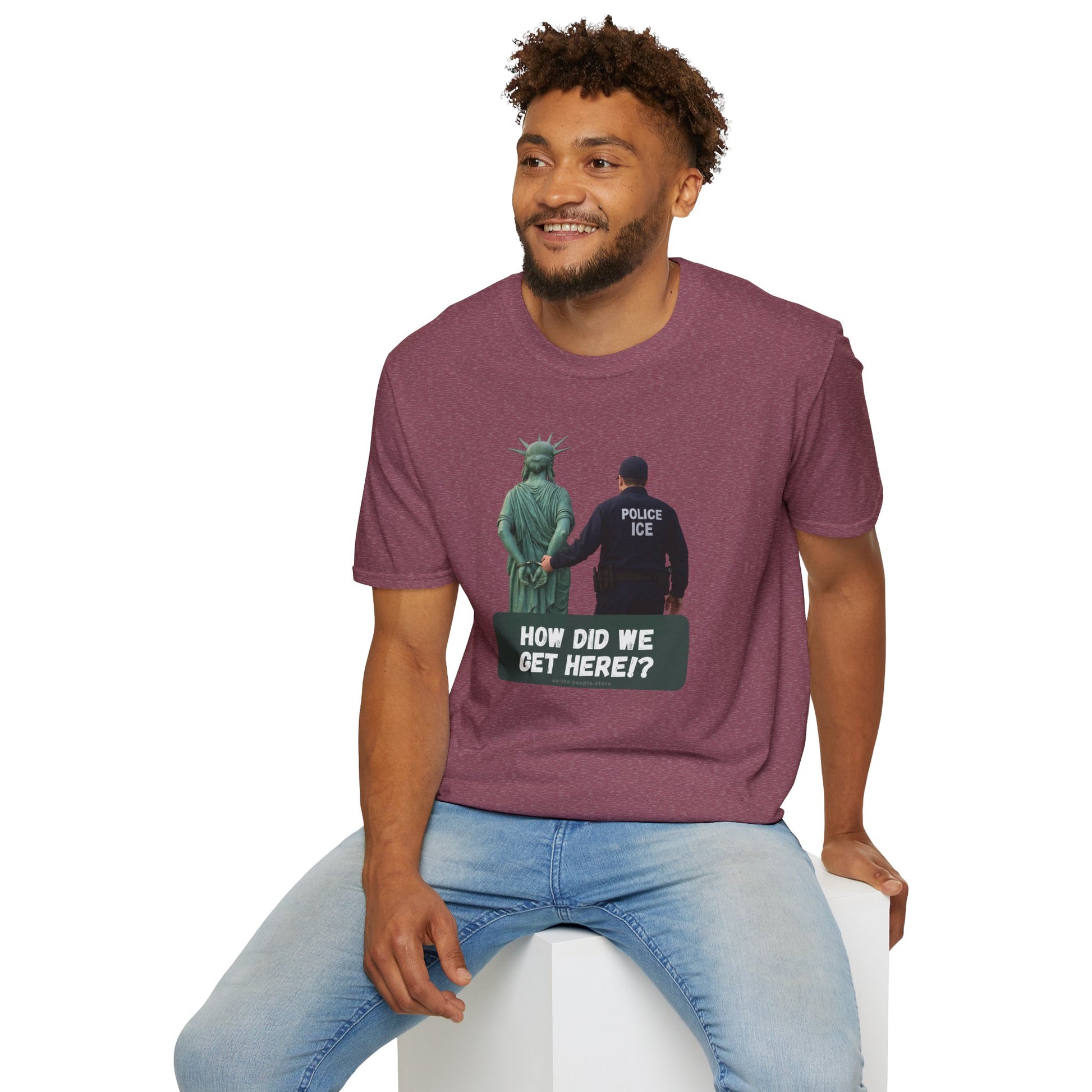 Statue of Liberty Cuffed by ICE police, Protest Statement T-Shirt - Pro Democracy, Unisex Tee, Activism Apparel, US Political Satire.